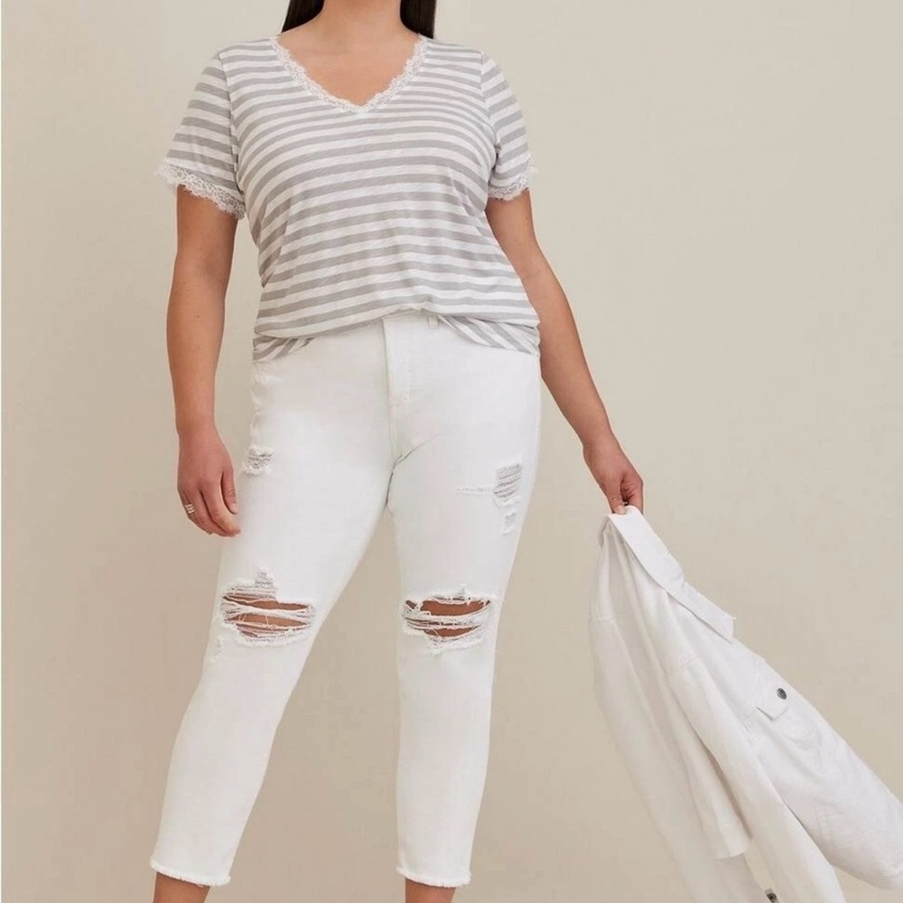 Gray Striped Lace Trim Women's Top